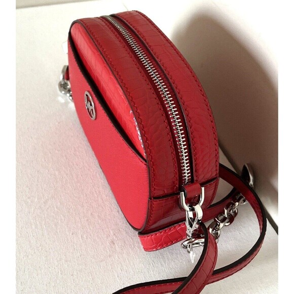 New Michael Kors Jet Set Glam Croc Small Oval Crossbody Bag Bright Red - Picture 4 of 5